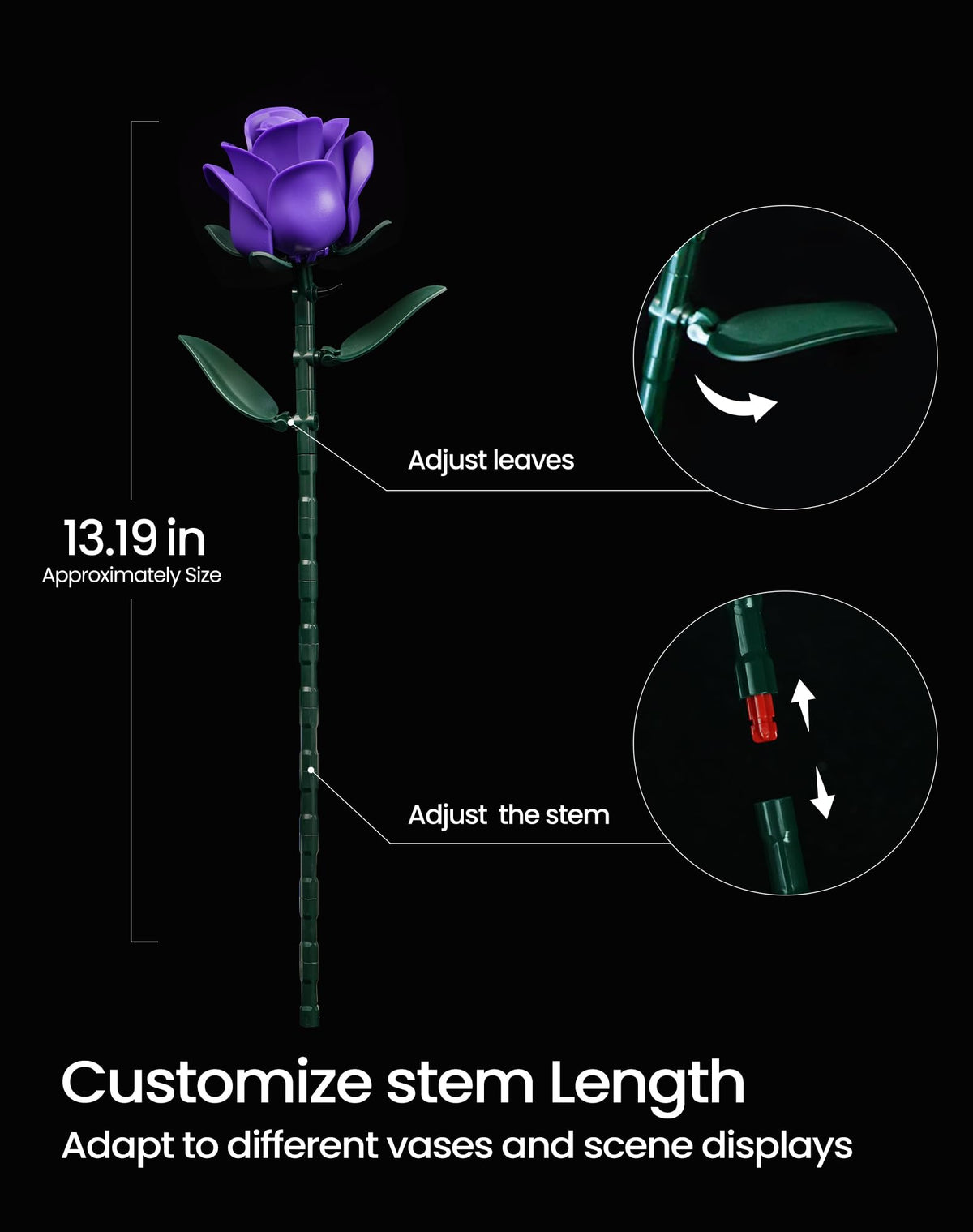 iATOM purple rose bouquet kit shows adjustable stems for versatile vase fits