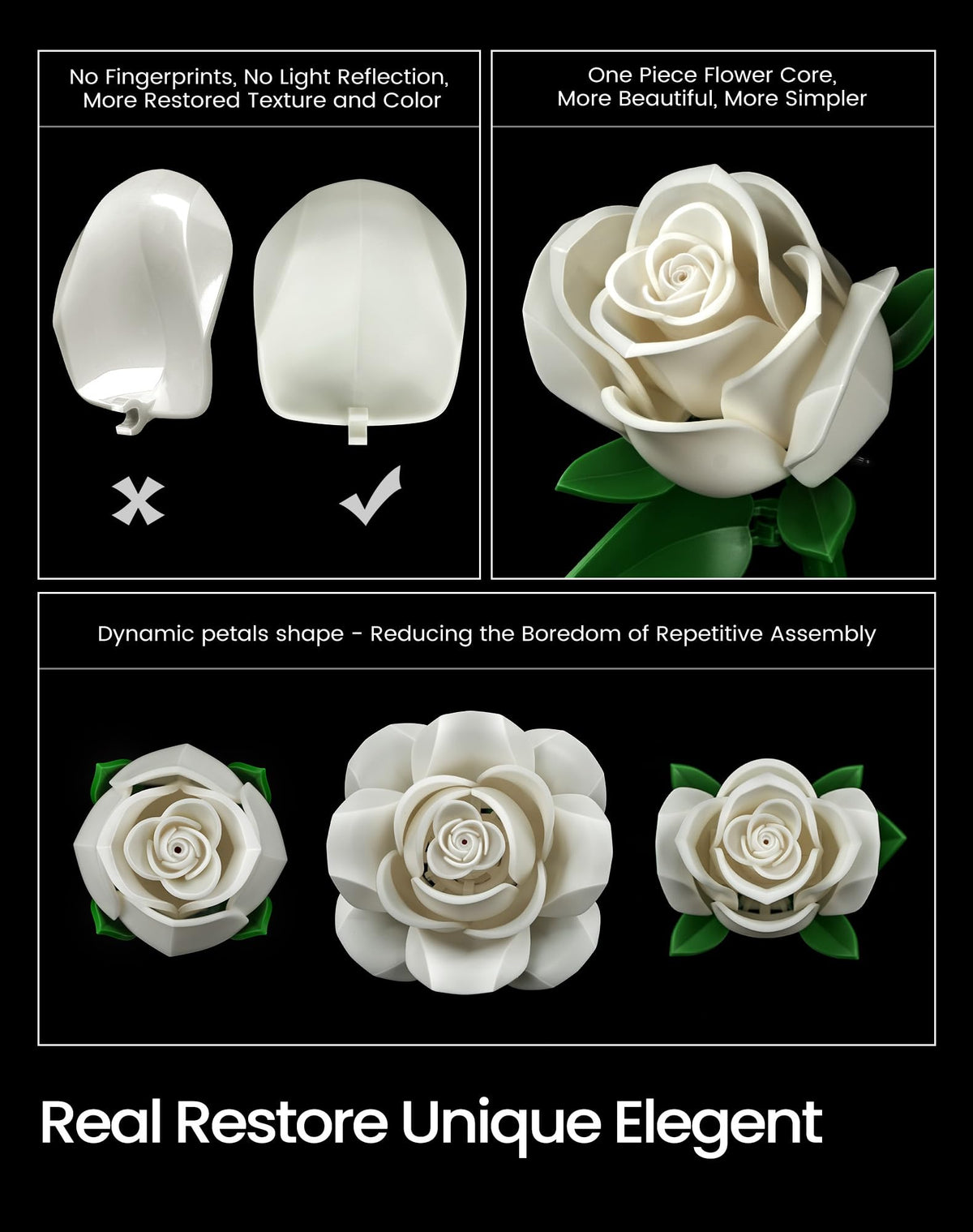 iATOM White Rose Bouquet Building Set shows swingable petals for customized arrangements.
