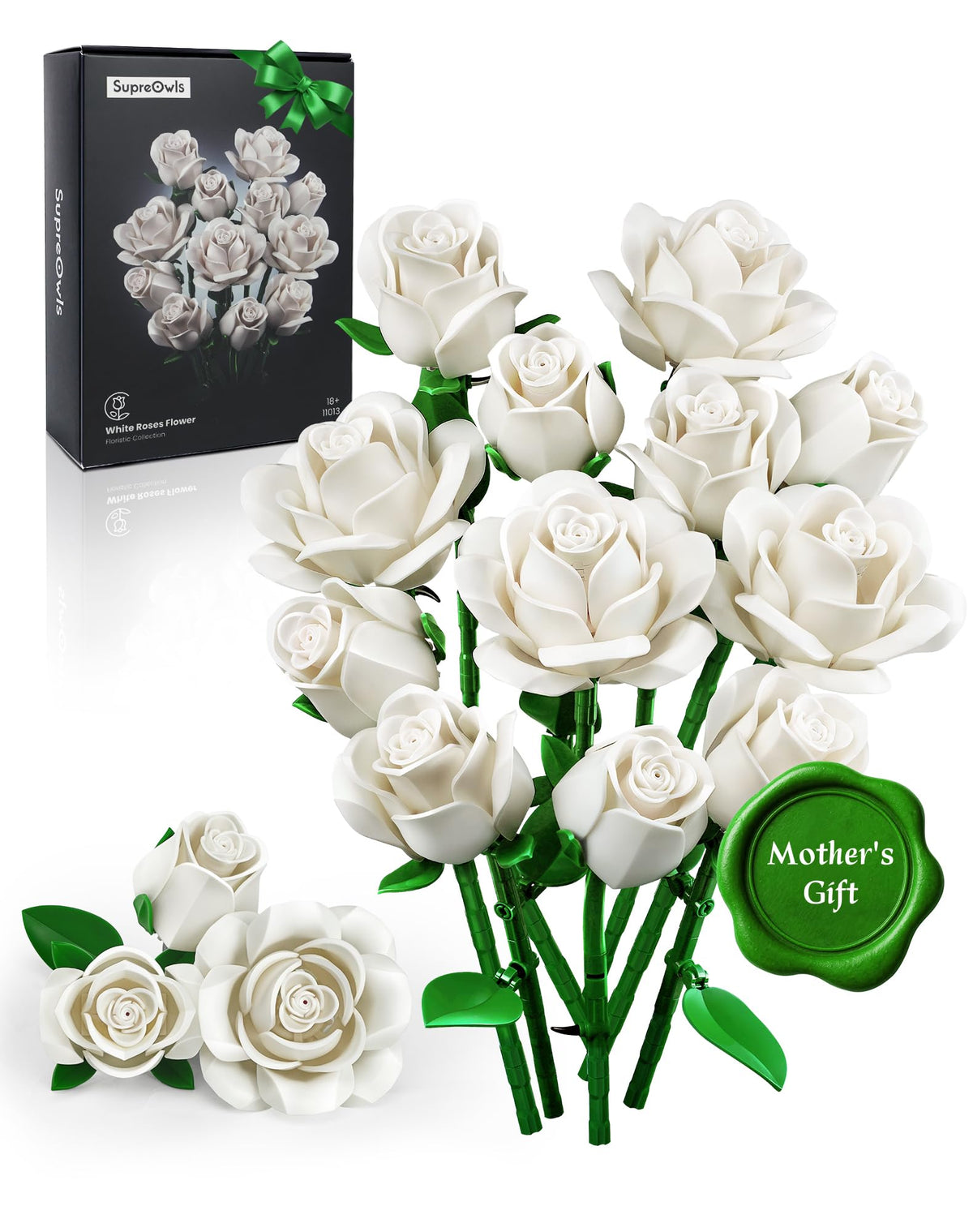 iATOM White Rose Bouquet Building Set offers a lifelike bloom for lasting home decor.