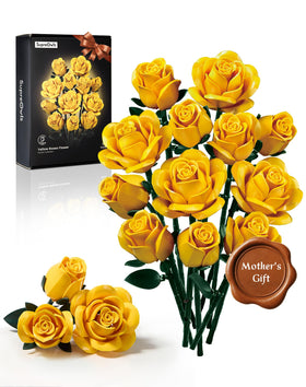 iATOM Yellow Rose Bouquet Building Set with adjustable stems for versatile display.