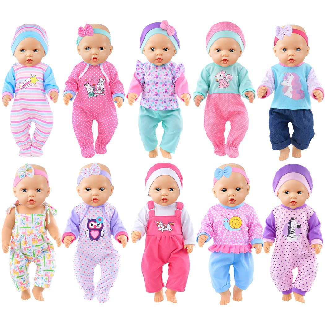 iBayda 10-piece doll clothes set for 14–16 inch dolls, easy mix and match.