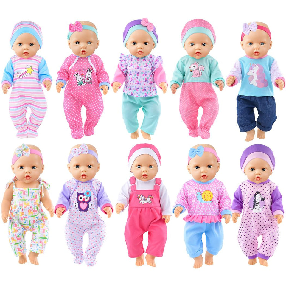 iBayda 10-piece doll clothes set for 14–16 inch dolls, easy mix and match.