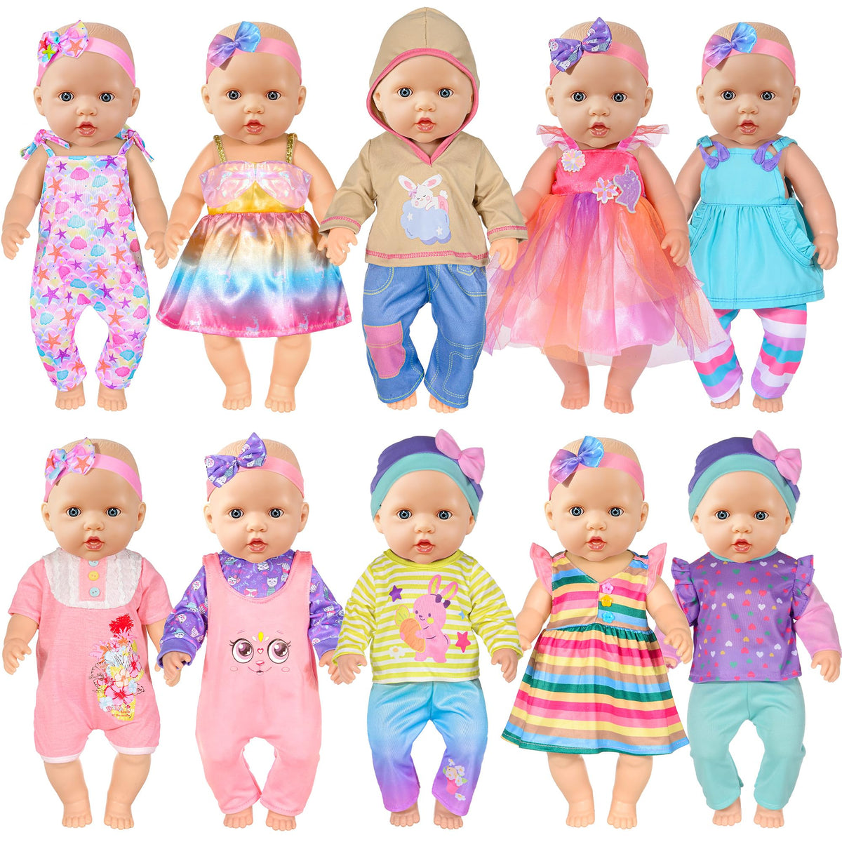 iBayda 10-piece doll clothes set with rompers for easy dress-up and imaginative play.