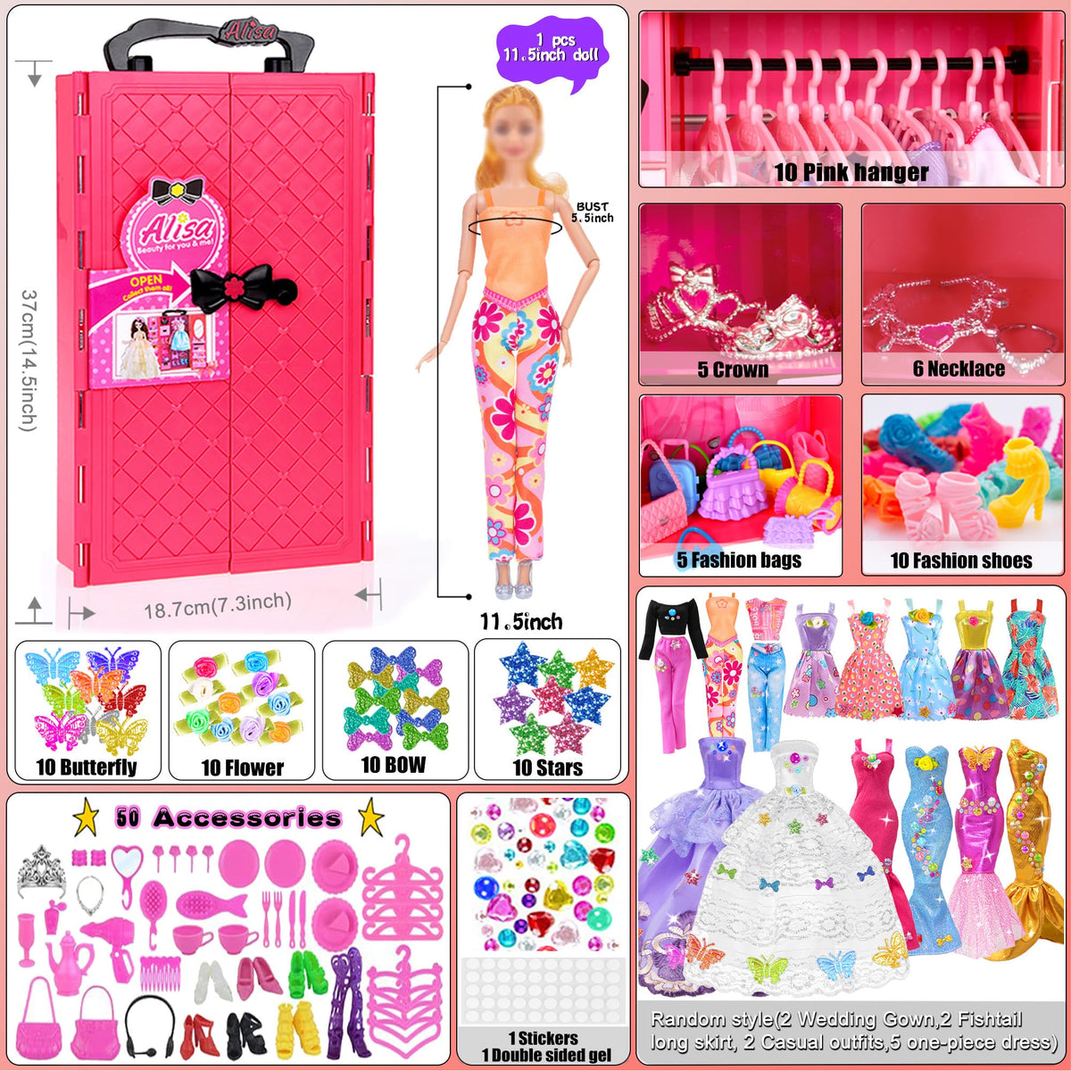 iBayda 11-5 inch doll closet interior with drawers for organized outfits