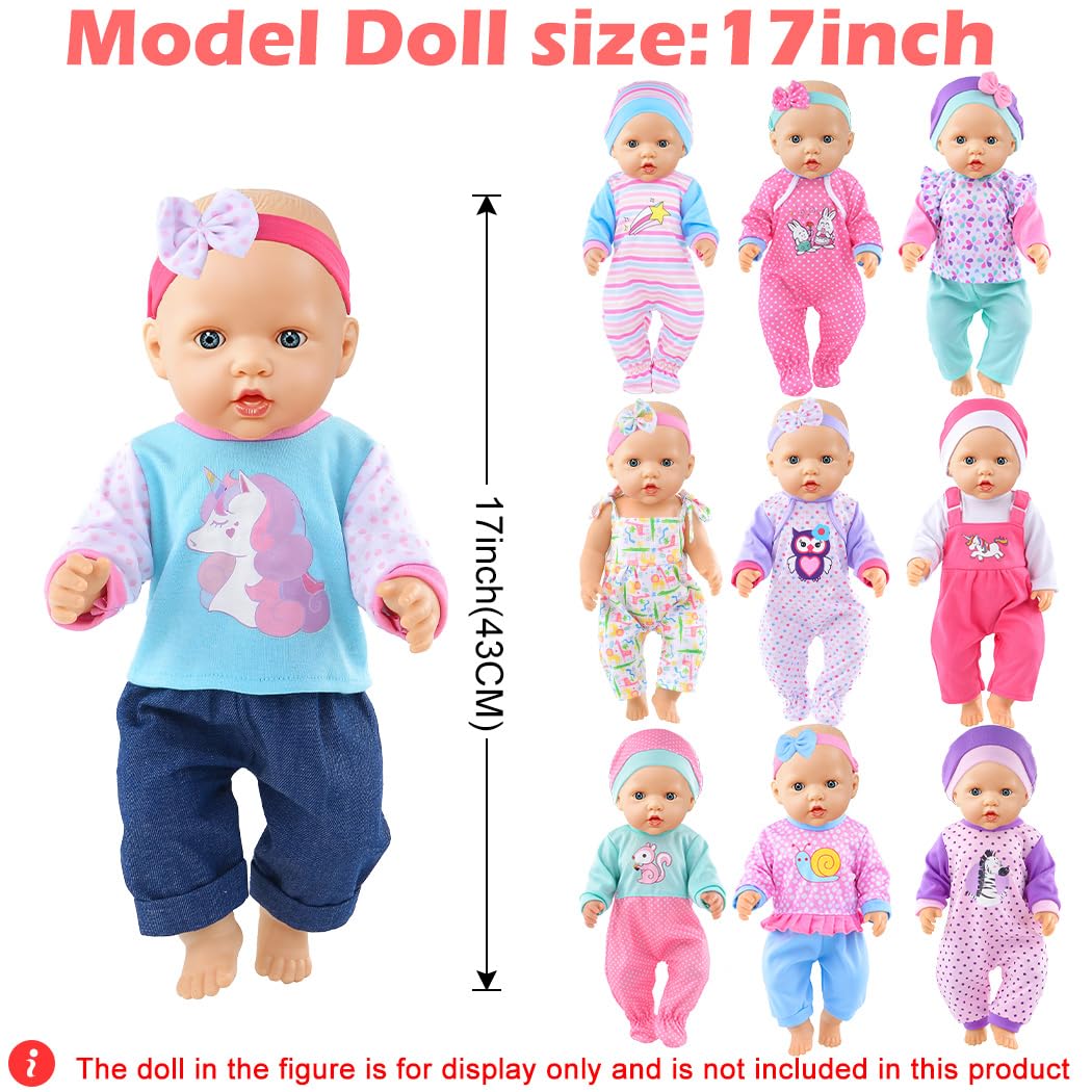 iBayda 17-inch doll clothes package features complete outfits for dress-up.