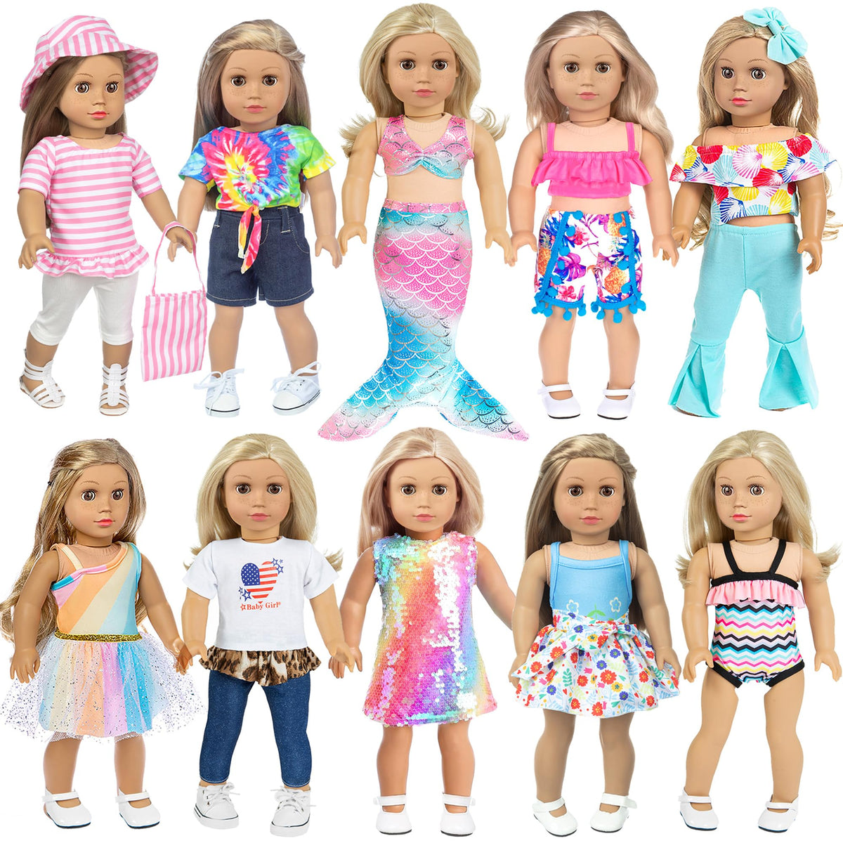 iBayda 18-inch doll mermaid dress showcases shimmering details for imaginative play.