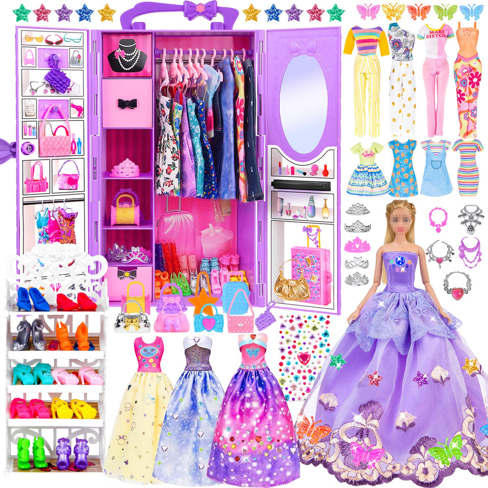 iBayda doll closet with doll inside for organized dress-up play