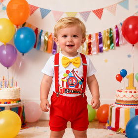 IBTOM CASTLE red suspender shorts paired with romper for quick diaper changes