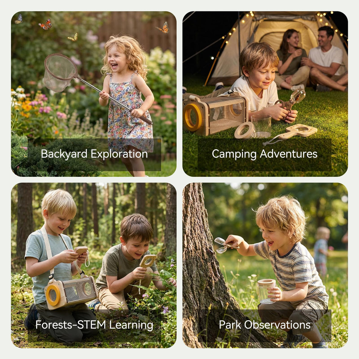 Ibwaae wooden bug catcher kit compass aiding curious explorers on nature walks.