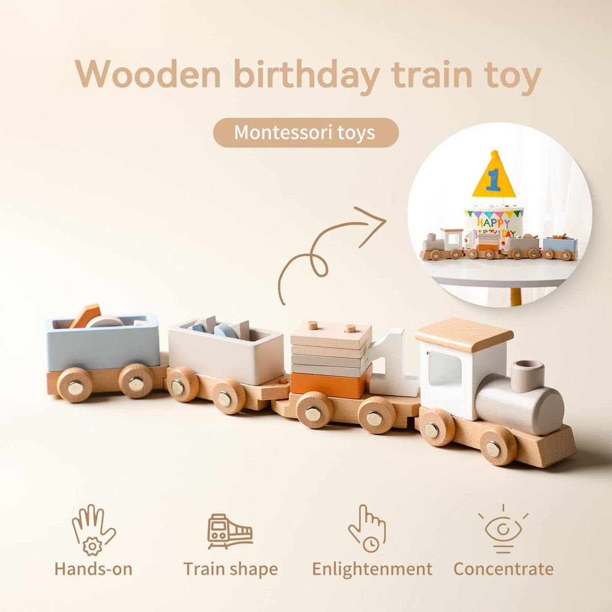 Candle head detail on ibwaae train set adds birthday decor charm.