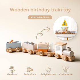 Candle head detail on ibwaae train set adds birthday decor charm.