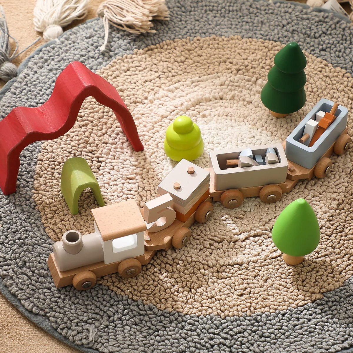 Water-based paint on ibwaae wooden train set provides vibrant color safely.