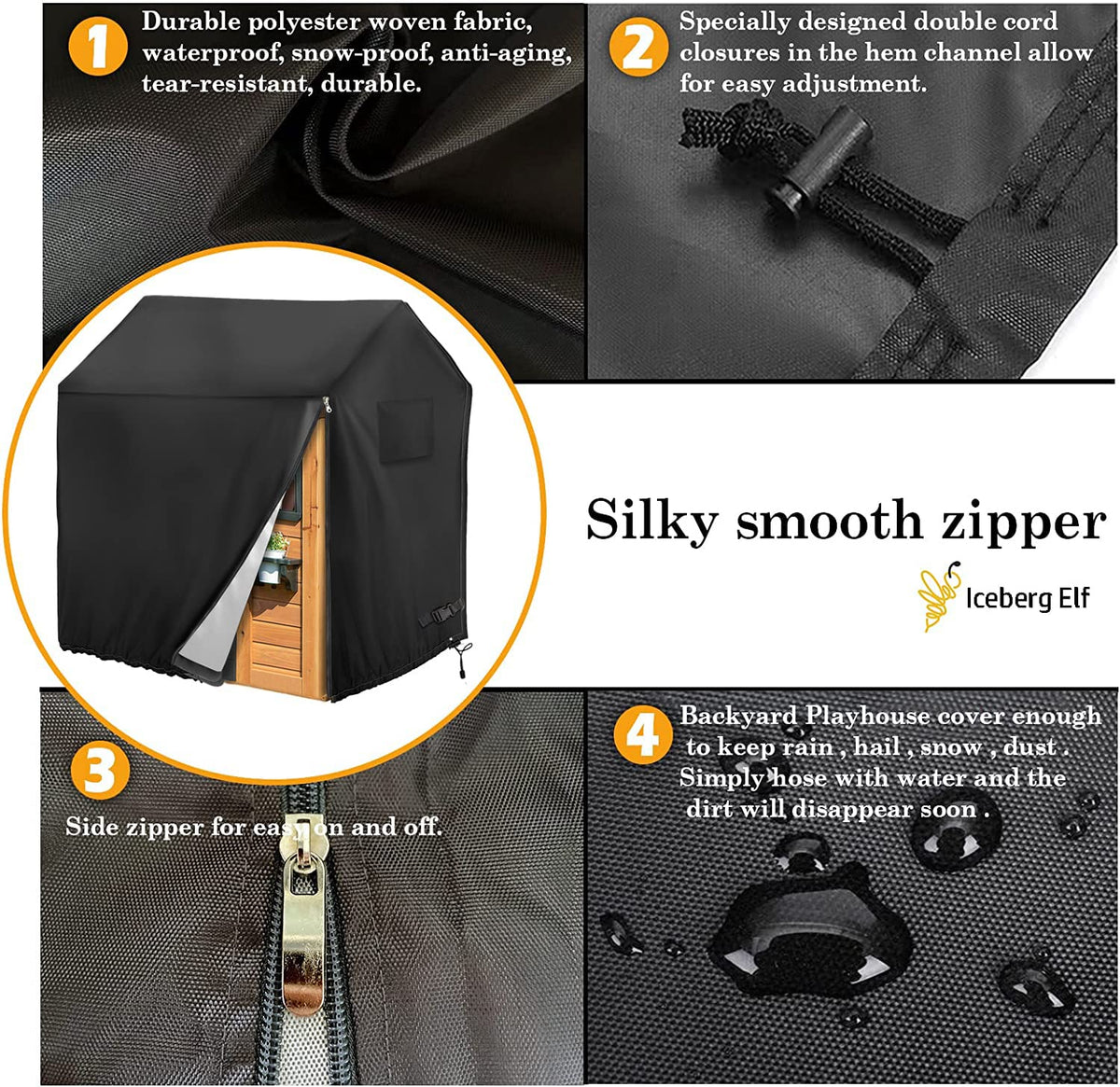 Iceberg Elf cover shows drawstring bottom for a snug fit against wind