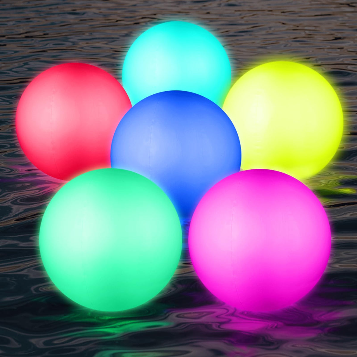 Icnice night party setup with glow balls to brighten pool and yard events