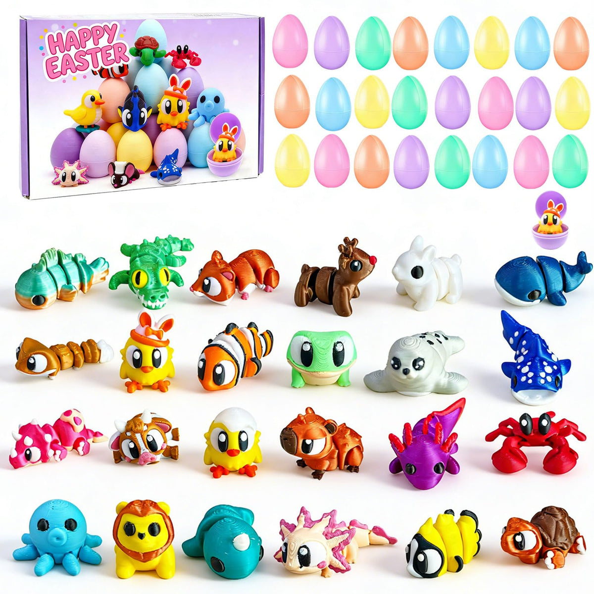 ICOME 24-pack prefilled Easter eggs reveal 3D animal toys for kids' egg hunts.
