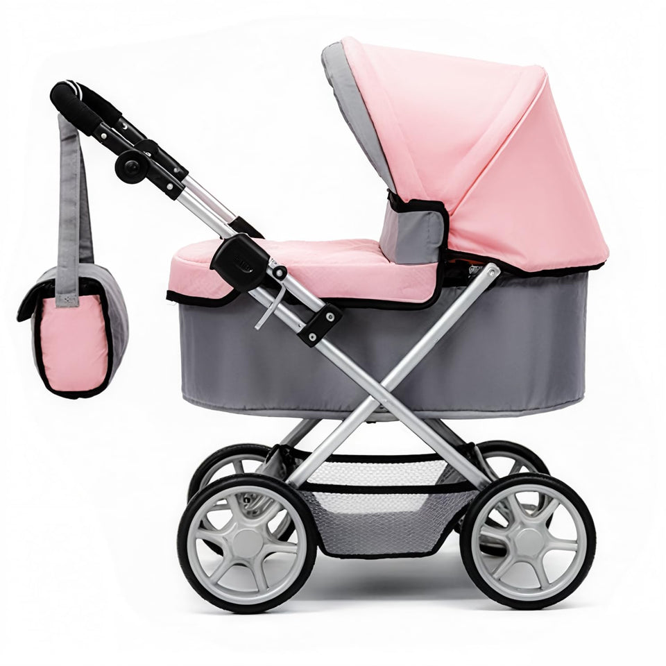 iCradle Baby Doll Stroller pink and gray with foldable frame for dolls up to 22 inches.