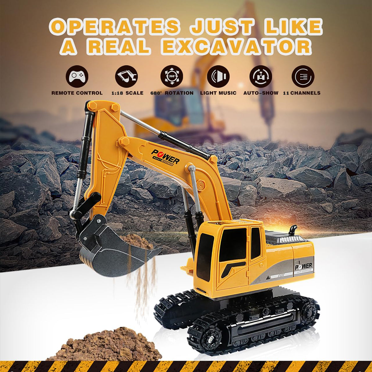 ID Gerilla RC excavator shows 360-degree rotation for versatile maneuvering.