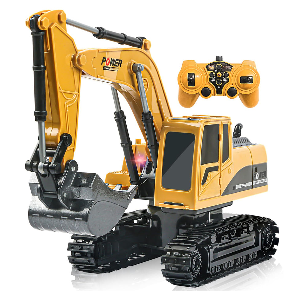 ID Gerilla RC excavator with metal bucket dig for realistic digging play.