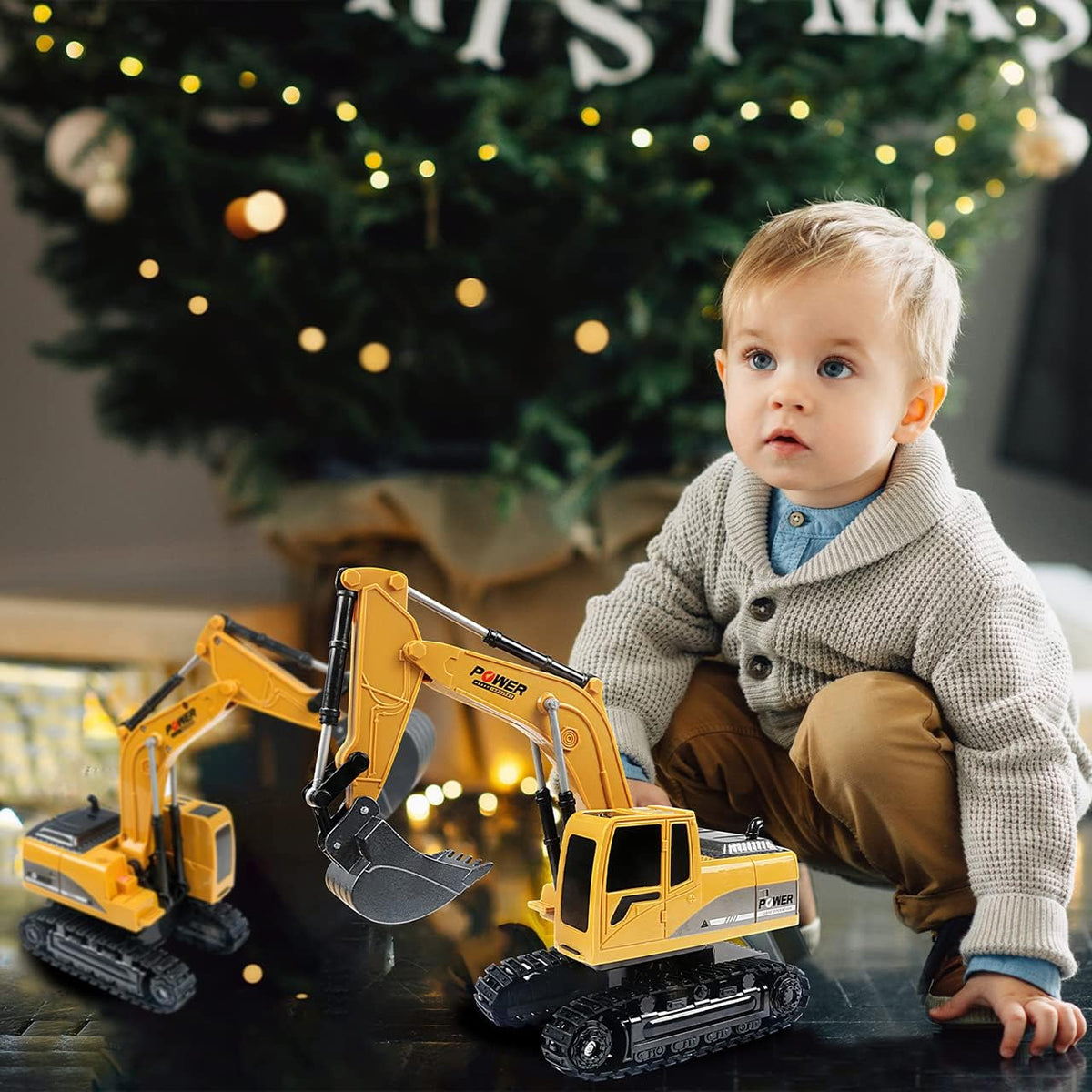 ID Gerilla RC excavator ready for outdoor sand play on beach or yard.
