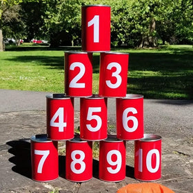 IDANBETONY Carnival Can Games: pyramid setup for quick backyard fun.