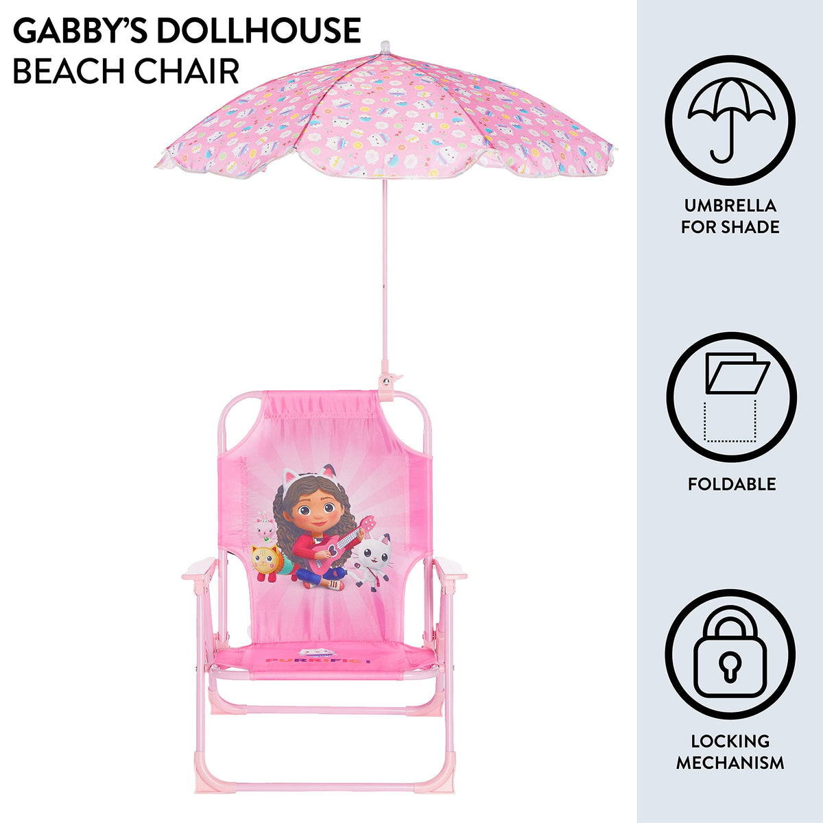 Idea Nuova Gabby’s Dollhouse chair showing umbrella clip on back for shade during outdoor activities