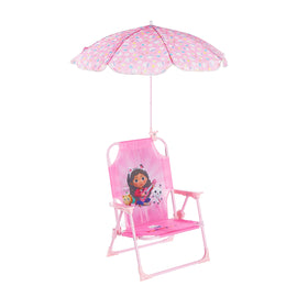 Idea Nuova Gabby’s Dollhouse folding beach chair with umbrella set up for sunny outdoor use, kid-friendly design