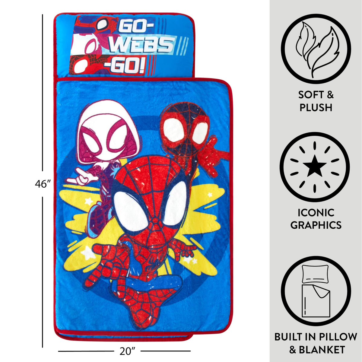 Idea Nuova Spidey nap mat built-in pillow promises cozy rest during naps.