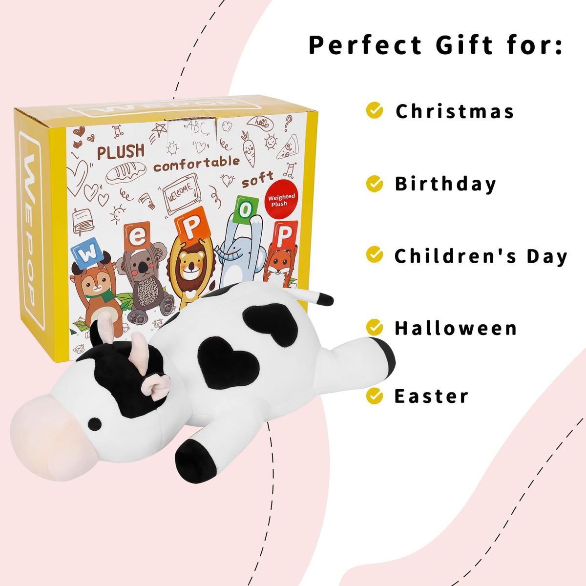 IdeaMeme Cow Weighted Plush care instructions, easy fluffing after unboxing.