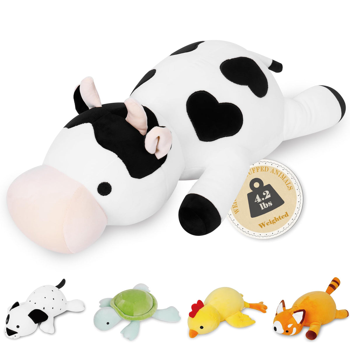 IdeaMeme Cow Weighted Plush front view, soft touch for relaxing evenings.