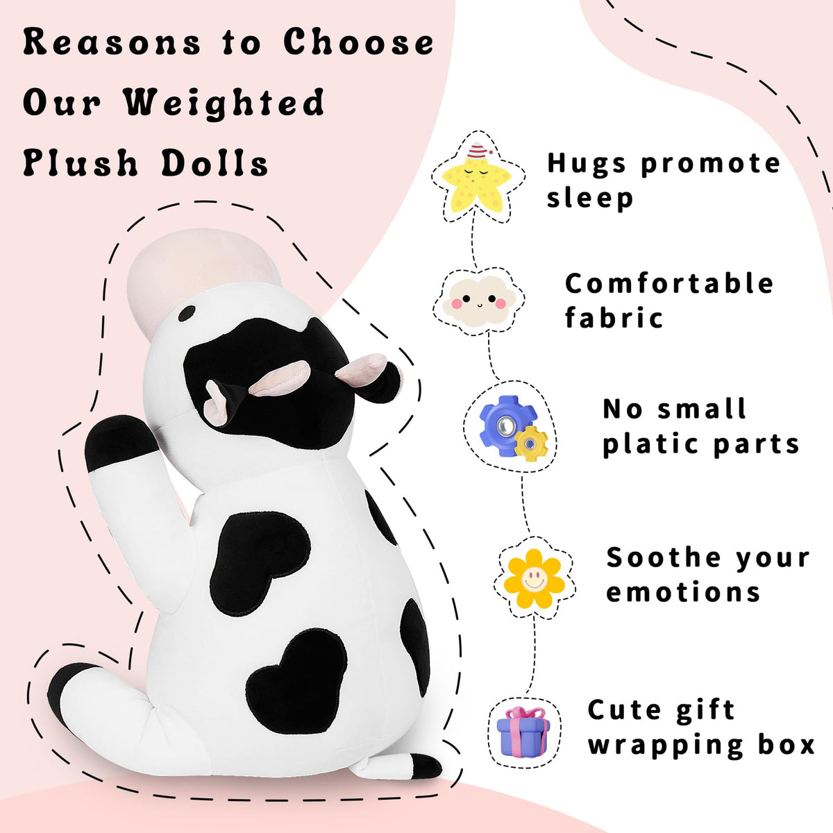 IdeaMeme Cow Weighted Plush packaging, vacuum-sealed for secure shipping.