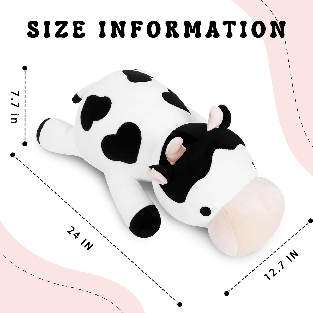 IdeaMeme Cow Weighted Plush side view, plush comfort for naps.