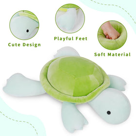 IdeaMeme Turtle Weighted Plush on chair demonstrates lumbar-like support during work.