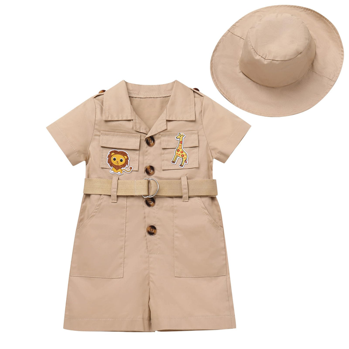 IDOPIP safari jumpsuit front view shows breathable cotton and playful animal details.