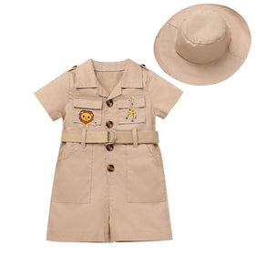 IDOPIP safari jumpsuit front view shows breathable cotton and playful animal details.
