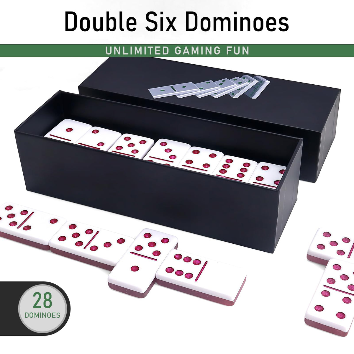 IDTQ 28-tile domino set close-up shows clear acrylic tiles.