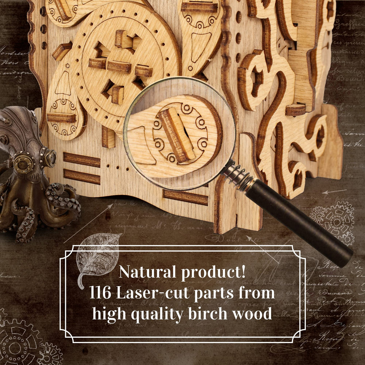 Elegant laser-cut birch wood Cluebox finish enhances home decor and invites curiosity.
