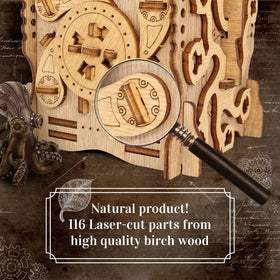 Elegant laser-cut birch wood Cluebox finish enhances home decor and invites curiosity.