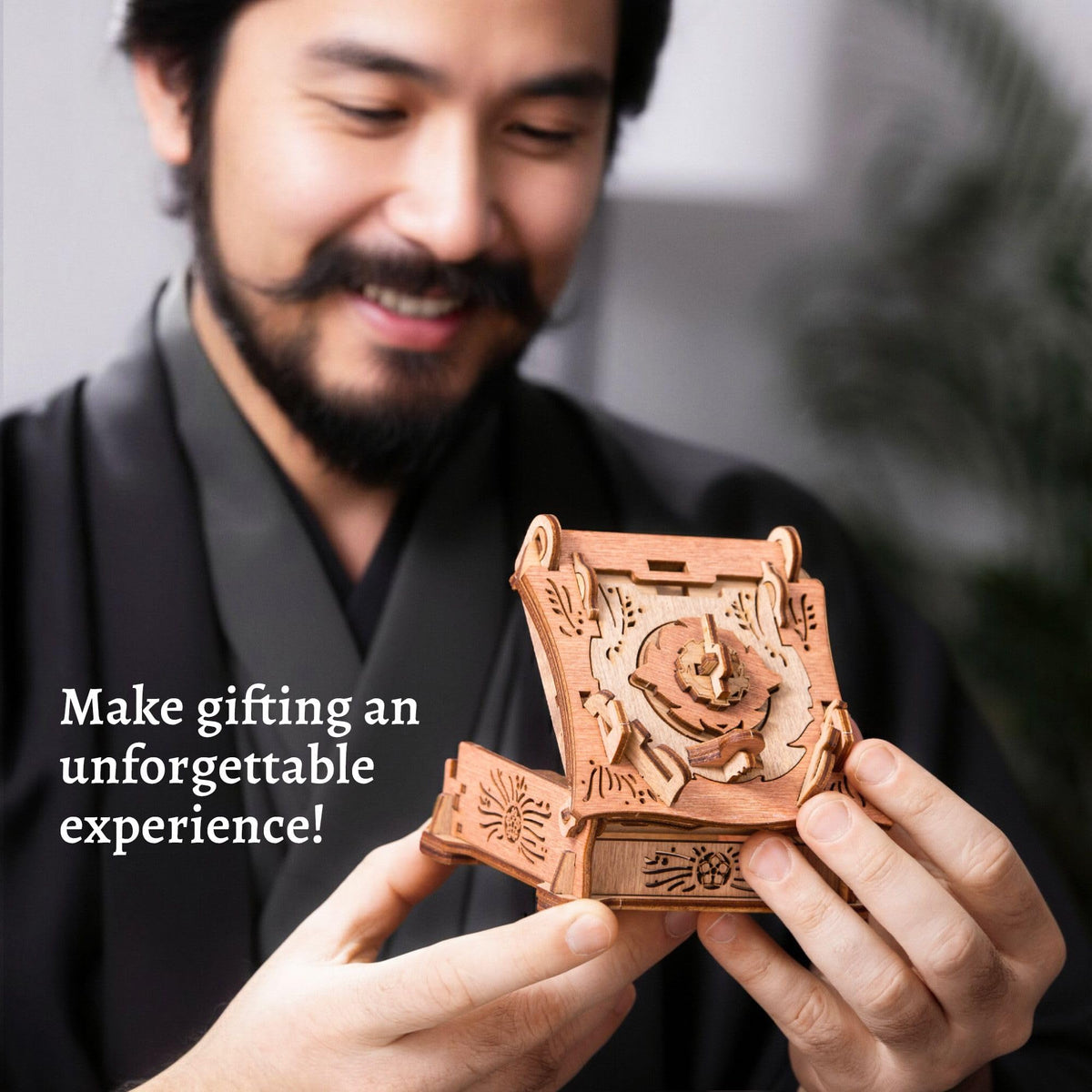 idventure Samurai puzzle box materials detail highlights laser-cut birch wood and metal accents