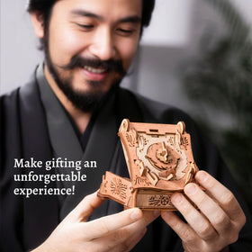 idventure Samurai puzzle box materials detail highlights laser-cut birch wood and metal accents