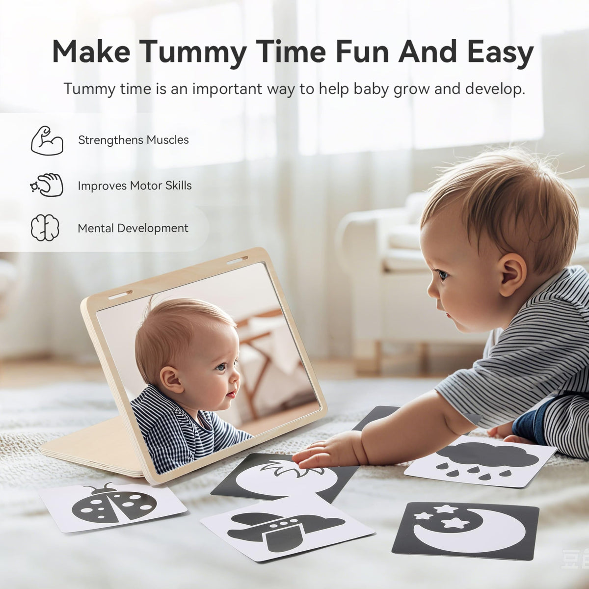 IEATFO tummy time play set double-sided mirror with card holder for visual exploration.