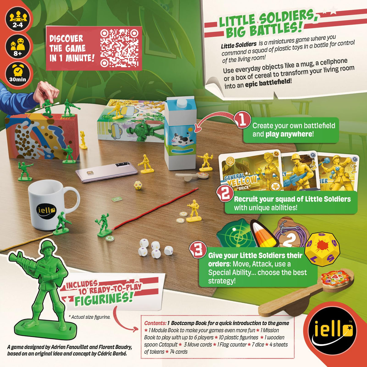 IELLO Little Soldiers close-up showing plastic troops and tiny accessories.