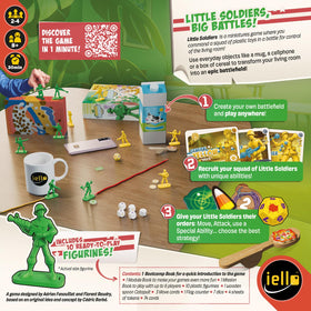 IELLO Little Soldiers close-up showing plastic troops and tiny accessories.