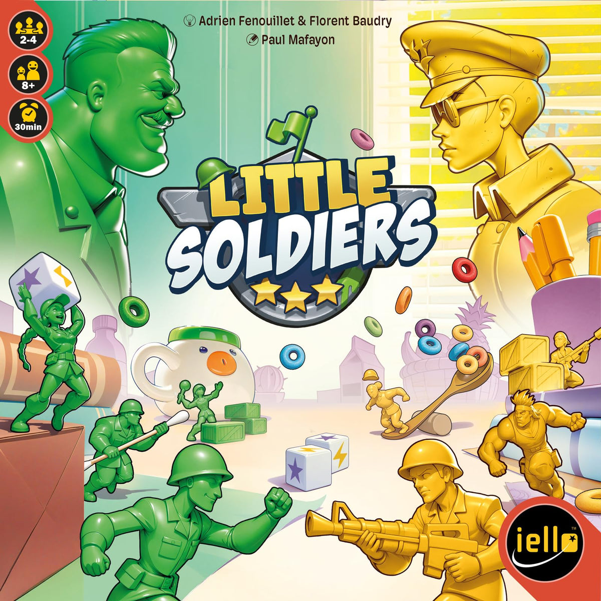 IELLO Little Soldiers battlefield setup on a dining table for quick skirmishes.