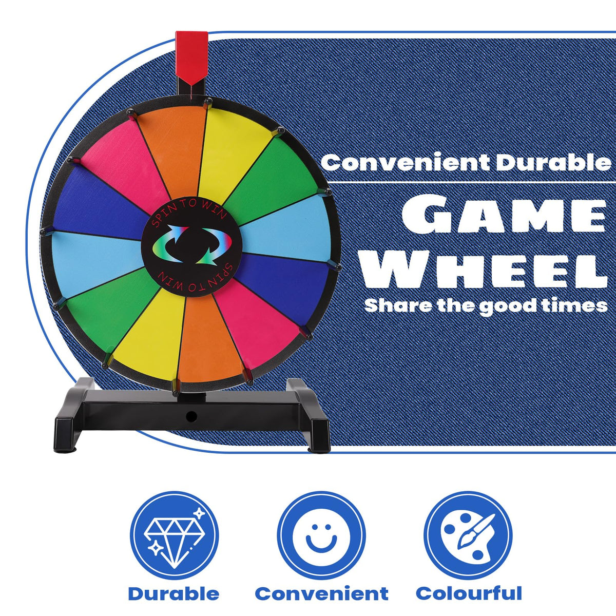iElyiEsy tabletop prize wheel with stand demonstrates stable setup for smooth spins