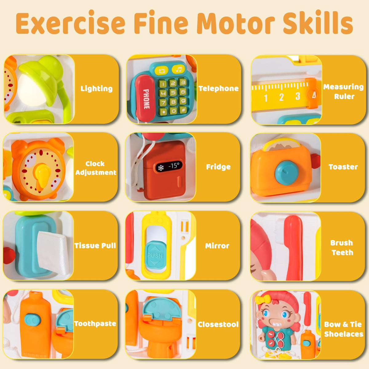 iFaveorr Busy Board cabinet unlock promotes finger dexterity and problem solving