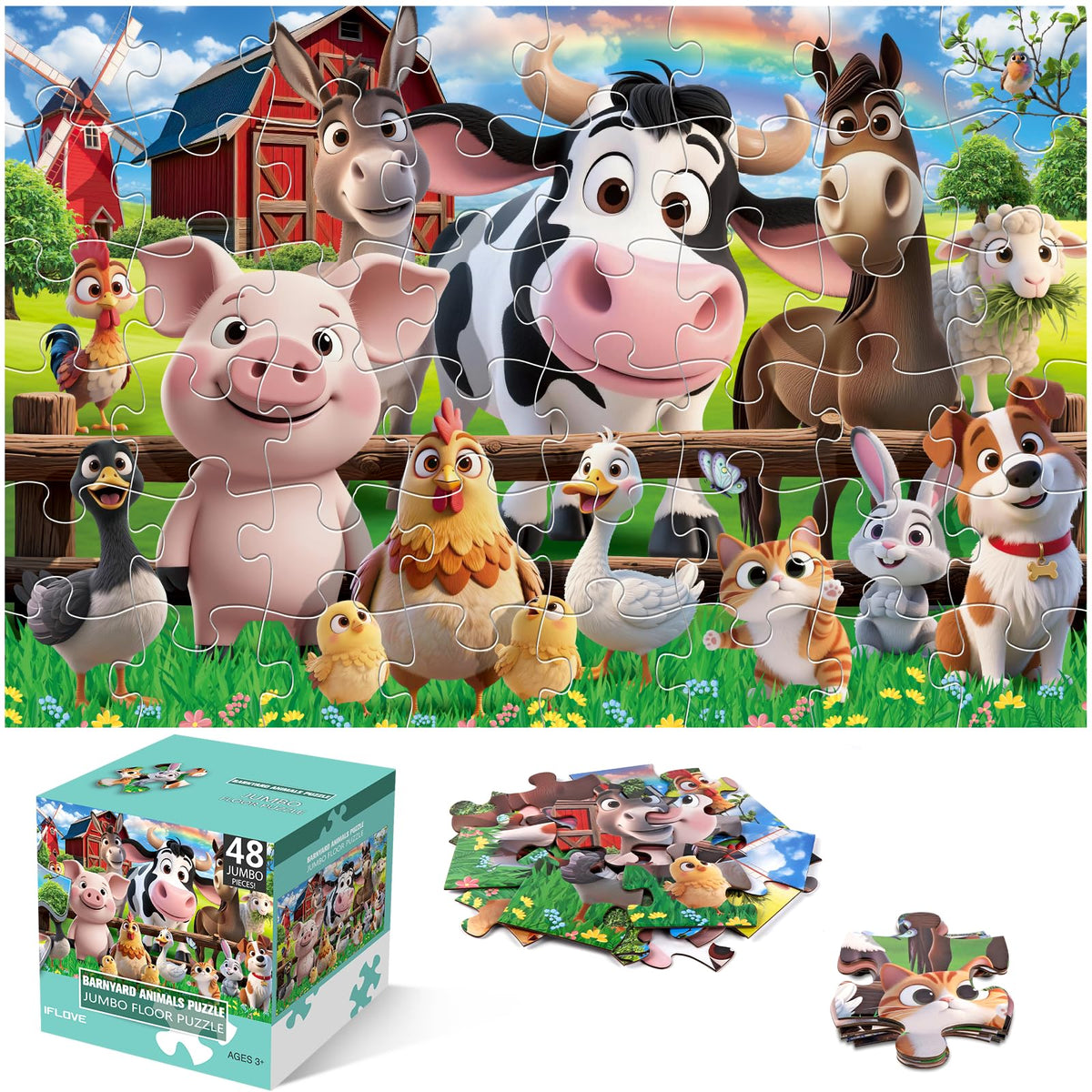 IFLOVE 48-piece farm animals floor puzzle with large pieces for easy grip and assembly