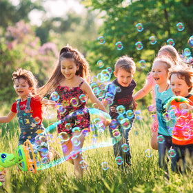IFLOVE Bubble Gun Dinosaur streams colorful bubbles for backyard fun.
