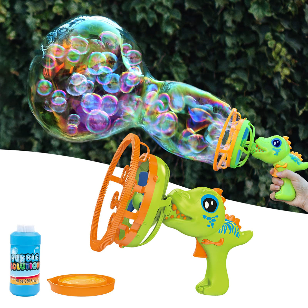 IFLOVE Bubble Gun Dinosaur front view with bright bubbles for outdoor play.