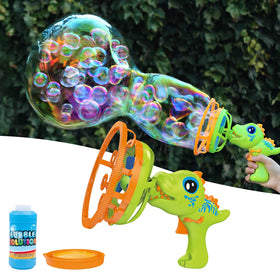 IFLOVE Bubble Gun Dinosaur front view with bright bubbles for outdoor play.