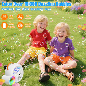 IFLOVE Bubble Machine with color cycling lighting enhancing birthday celebrations.